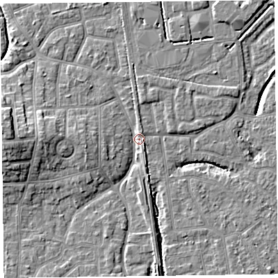 Shaded relief map of the ground around FY54PN, computed from Environment Agency LiDAR. The ground here sits at about 5 m above sea level and falls 9 m across the surrounding 800 m. Surface water reaching this point runs off ground lying to the west, 5.2 m higher.
