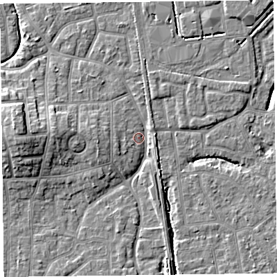 Shaded relief map of the ground around FY54PP, computed from Environment Agency LiDAR. The ground here sits at about 5 m above sea level and falls 9 m across the surrounding 800 m. Surface water reaching this point runs off ground lying to the west, 5.2 m higher.