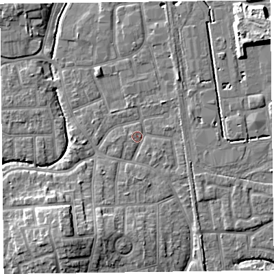Shaded relief map of the ground around FY54PQ, computed from Environment Agency LiDAR. The ground here sits at about 5 m above sea level and falls 11 m across the surrounding 800 m. Surface water reaching this point runs off ground lying to the north-east, 1.6 m higher.