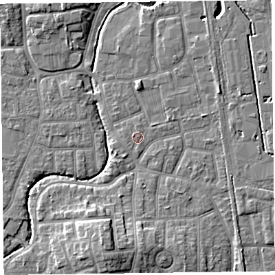 Shaded relief map of the ground around FY54PR, computed from Environment Agency LiDAR. The ground here sits at about 5 m above sea level and falls 9 m across the surrounding 800 m. Surface water reaching this point runs off ground lying to the west-north-west, 0.7 m higher.