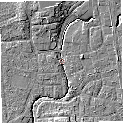Shaded relief map of the ground around FY54PS, computed from Environment Agency LiDAR. The ground here sits at about 4 m above sea level and falls 8 m across the surrounding 800 m. Surface water reaching this point runs off ground lying to the north, 7.2 m higher.