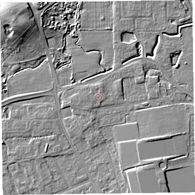 Shaded relief map of the ground around FY54PU, computed from Environment Agency LiDAR. The ground here sits at about 7 m above sea level and falls 12 m across the surrounding 800 m. Surface water reaching this point runs off ground lying to the north-north-east, 0.6 m higher.