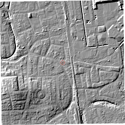 Shaded relief map of the ground around FY54PW, computed from Environment Agency LiDAR. The ground here sits at about 5 m above sea level and falls 10 m across the surrounding 800 m. Surface water reaching this point runs off ground lying to the west-south-west, 0.7 m higher.