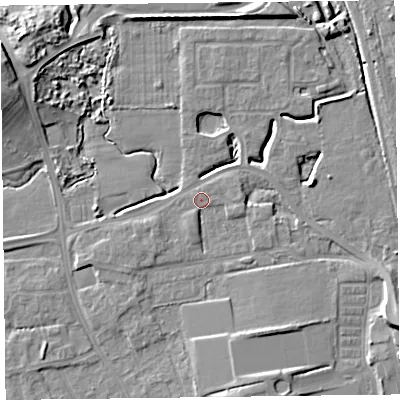 Shaded relief map of the ground around FY54PX, computed from Environment Agency LiDAR. The ground here sits at about 6 m above sea level and falls 12 m across the surrounding 800 m. Surface water reaching this point runs off ground lying to the south-south-west, 1.9 m higher.