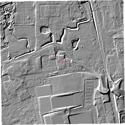 Shaded relief map of the ground around FY54PY, computed from Environment Agency LiDAR. The ground here sits at about 6 m above sea level and falls 9 m across the surrounding 800 m. Surface water reaching this point runs off ground lying to the south-south-east, 0.6 m higher.