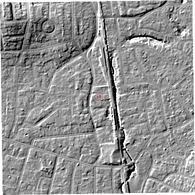 Shaded relief map of the ground around FY54PZ, computed from Environment Agency LiDAR. The ground here sits at about 5 m above sea level and falls 9 m across the surrounding 800 m. Surface water reaching this point runs off ground lying to the north-east, 1.5 m higher.