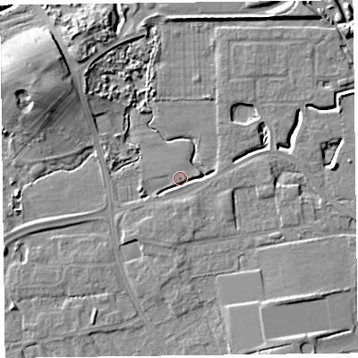 Shaded relief map of the ground around FY54QA, computed from Environment Agency LiDAR. The ground here sits at about 6 m above sea level and falls 12 m across the surrounding 800 m. Surface water reaching this point runs off ground lying to the west-south-west, 4.0 m higher.