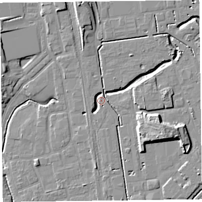 Shaded relief map of the ground around FY54QD, computed from Environment Agency LiDAR. The ground here sits at about 6 m above sea level and falls 11 m across the surrounding 800 m. Surface water reaching this point runs off ground lying to the east-south-east, 10.6 m higher.