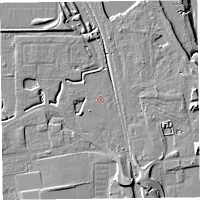 Shaded relief map of the ground around FY54QG, computed from Environment Agency LiDAR. The ground here sits at about 6 m above sea level and falls 16 m across the surrounding 800 m. The ground contributing surface water to this point lies to the south-west.
