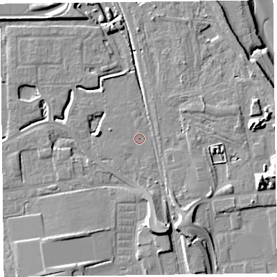 Shaded relief map of the ground around FY54QP, computed from Environment Agency LiDAR. The ground here sits at about 6 m above sea level and falls 16 m across the surrounding 800 m. Surface water reaching this point runs off ground lying to the south-south-east, 6.5 m higher.