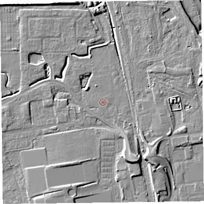 Shaded relief map of the ground around FY54QR, computed from Environment Agency LiDAR. The ground here sits at about 6 m above sea level and falls 11 m across the surrounding 800 m. The ground contributing surface water to this point lies to the north-east.