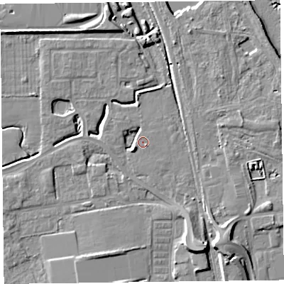Shaded relief map of the ground around FY54QS, computed from Environment Agency LiDAR. The ground here sits at about 6 m above sea level and falls 9 m across the surrounding 800 m. Surface water reaching this point runs off ground lying to the south-west, 4.7 m higher.