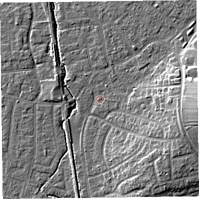 Shaded relief map of the ground around FY55AA, computed from Environment Agency LiDAR. The ground here sits at about 5 m above sea level and falls 13 m across the surrounding 800 m. Surface water reaching this point runs off ground lying to the east, 1.3 m higher.