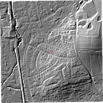 Shaded relief map of the ground around FY55AD, computed from Environment Agency LiDAR. The ground here sits at about 7 m above sea level and falls 15 m across the surrounding 800 m. Surface water reaching this point runs off ground lying to the east, 11.7 m higher.
