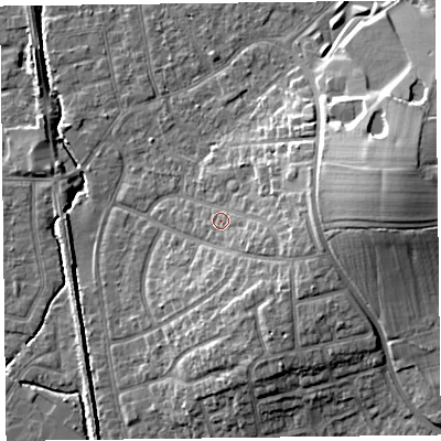Shaded relief map of the ground around FY55AE, computed from Environment Agency LiDAR. The ground here sits at about 7 m above sea level and falls 15 m across the surrounding 800 m. Surface water reaching this point runs off ground lying to the east, 6.4 m higher.