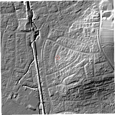 Shaded relief map of the ground around FY55AL, computed from Environment Agency LiDAR. The ground here sits at about 6 m above sea level and falls 14 m across the surrounding 800 m. Surface water reaching this point runs off ground lying to the east, 3.9 m higher.