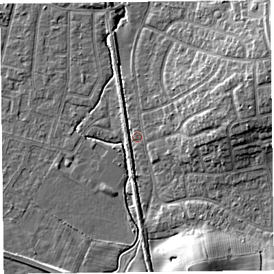 Shaded relief map of the ground around FY55AP, computed from Environment Agency LiDAR. The ground here sits at about 5 m above sea level and falls 13 m across the surrounding 800 m. Surface water reaching this point runs off ground lying to the south-south-east, 12.0 m higher.