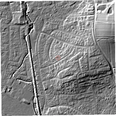 Shaded relief map of the ground around FY55AR, computed from Environment Agency LiDAR. The ground here sits at about 7 m above sea level and falls 15 m across the surrounding 800 m. Surface water reaching this point runs off ground lying to the east, 5.0 m higher.