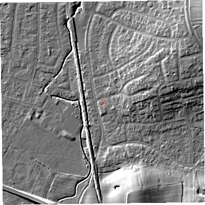 Shaded relief map of the ground around FY55AS, computed from Environment Agency LiDAR. The ground here sits at about 5 m above sea level and falls 13 m across the surrounding 800 m. Surface water reaching this point runs off ground lying to the east-north-east, 6.7 m higher.