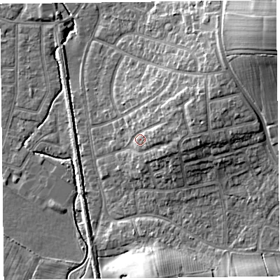 Shaded relief map of the ground around FY55AT, computed from Environment Agency LiDAR. The ground here sits at about 8 m above sea level and falls 15 m across the surrounding 800 m. Surface water reaching this point runs off ground lying to the east-north-east, 4.7 m higher.