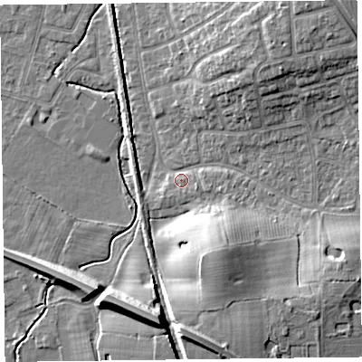 Shaded relief map of the ground around FY55AU, computed from Environment Agency LiDAR. The ground here sits at about 6 m above sea level and falls 12 m across the surrounding 800 m. Surface water reaching this point runs off ground lying to the south-south-east, 11.0 m higher.
