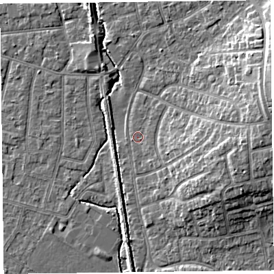 Shaded relief map of the ground around FY55AW, computed from Environment Agency LiDAR. The ground here sits at about 5 m above sea level and falls 11 m across the surrounding 800 m. Surface water reaching this point runs off ground lying to the south-east, 0.9 m higher.
