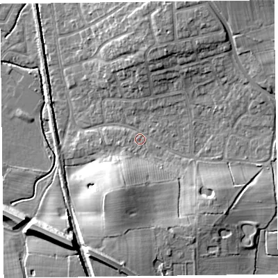 Shaded relief map of the ground around FY55AX, computed from Environment Agency LiDAR. The ground here sits at about 6 m above sea level and falls 12 m across the surrounding 800 m. Surface water reaching this point runs off ground lying to the north-north-east, 7.5 m higher.