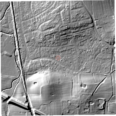 Shaded relief map of the ground around FY55AY, computed from Environment Agency LiDAR. The ground here sits at about 5 m above sea level and falls 12 m across the surrounding 800 m. Surface water reaching this point runs off ground lying to the north-north-east, 7.6 m higher.