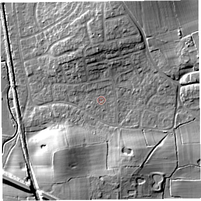 Shaded relief map of the ground around FY55AZ, computed from Environment Agency LiDAR. The ground here sits at about 5 m above sea level and falls 12 m across the surrounding 800 m. Surface water reaching this point runs off ground lying to the north, 6.6 m higher.