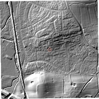 Shaded relief map of the ground around FY55BA, computed from Environment Agency LiDAR. The ground here sits at about 7 m above sea level and falls 14 m across the surrounding 800 m. Surface water reaching this point runs off ground lying to the north, 4.1 m higher.