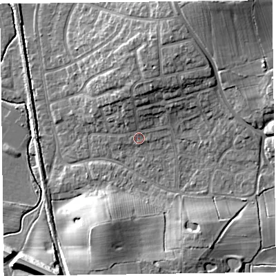 Shaded relief map of the ground around FY55BB, computed from Environment Agency LiDAR. The ground here sits at about 6 m above sea level and falls 13 m across the surrounding 800 m. Surface water reaching this point runs off ground lying to the north, 6.0 m higher.