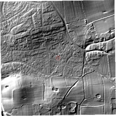 Shaded relief map of the ground around FY55BD, computed from Environment Agency LiDAR. The ground here sits at about 6 m above sea level and falls 11 m across the surrounding 800 m. Surface water reaching this point runs off ground lying to the north-north-west, 7.1 m higher.