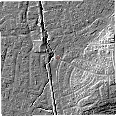 Shaded relief map of the ground around FY55BJ, computed from Environment Agency LiDAR. The ground here sits at about 4 m above sea level and falls 10 m across the surrounding 800 m. Surface water reaching this point runs off ground lying to the east, 8.8 m higher.