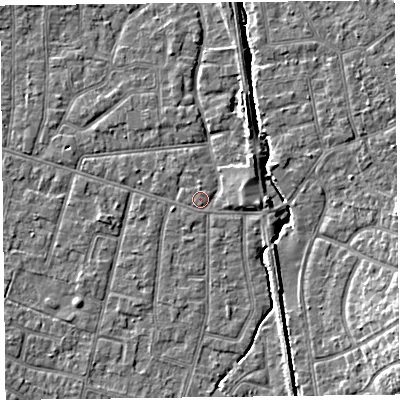 Shaded relief map of the ground around FY55BS, computed from Environment Agency LiDAR. The ground here sits at about 5 m above sea level and falls 7 m across the surrounding 800 m. Surface water reaching this point runs off ground lying to the north, 0.7 m higher.