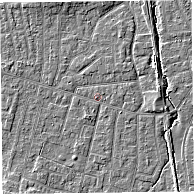 Shaded relief map of the ground around FY55BT, computed from Environment Agency LiDAR. The ground here sits at about 5 m above sea level and falls 4 m across the surrounding 800 m. Surface water reaching this point runs off ground lying to the south-south-west, 1.4 m higher.