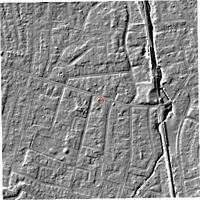 Shaded relief map of the ground around FY55BU, computed from Environment Agency LiDAR. The ground here sits at about 5 m above sea level and falls 4 m across the surrounding 800 m. Surface water reaching this point runs off ground lying to the north-east, 0.8 m higher.