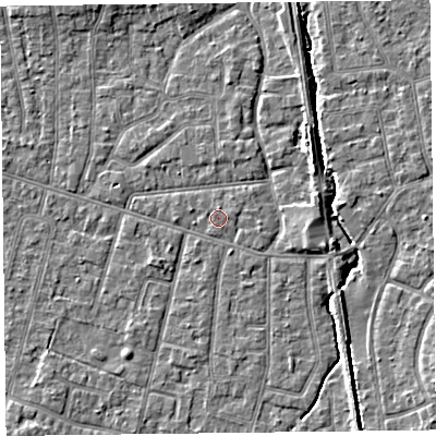 Shaded relief map of the ground around FY55BW, computed from Environment Agency LiDAR. The ground here sits at about 5 m above sea level and falls 4 m across the surrounding 800 m. Surface water reaching this point runs off ground lying to the north, 0.5 m higher.