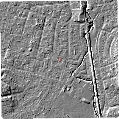 Shaded relief map of the ground around FY55BZ, computed from Environment Agency LiDAR. The ground here sits at about 5 m above sea level and falls 5 m across the surrounding 800 m. The ground contributing surface water to this point lies to the west-south-west.