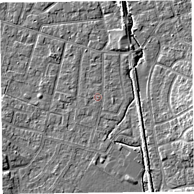 Shaded relief map of the ground around FY55DA, computed from Environment Agency LiDAR. The ground here sits at about 5 m above sea level and falls 6 m across the surrounding 800 m. Surface water reaching this point runs off ground lying to the north, 0.7 m higher.