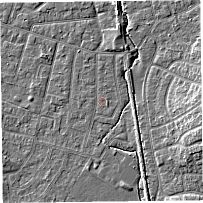 Shaded relief map of the ground around FY55DB, computed from Environment Agency LiDAR. The ground here sits at about 5 m above sea level and falls 8 m across the surrounding 800 m. Surface water reaching this point runs off ground lying to the north-north-west, 0.7 m higher.