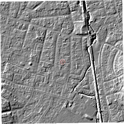 Shaded relief map of the ground around FY55DD, computed from Environment Agency LiDAR. The ground here sits at about 5 m above sea level and falls 5 m across the surrounding 800 m. The ground contributing surface water to this point lies to the east-north-east.