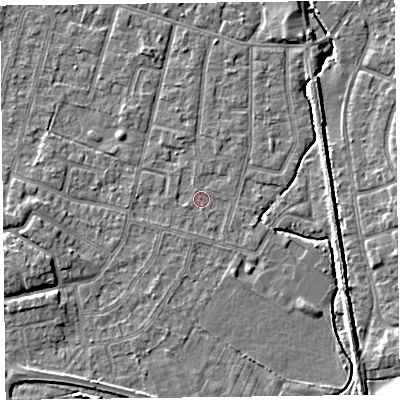 Shaded relief map of the ground around FY55DE, computed from Environment Agency LiDAR. The ground here sits at about 5 m above sea level and falls 6 m across the surrounding 800 m. Surface water reaching this point runs off ground lying to the east-south-east, 0.9 m higher.