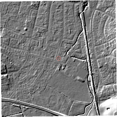 Shaded relief map of the ground around FY55DF, computed from Environment Agency LiDAR. The ground here sits at about 5 m above sea level and falls 12 m across the surrounding 800 m. Surface water reaching this point runs off ground lying to the east-north-east, 0.7 m higher.