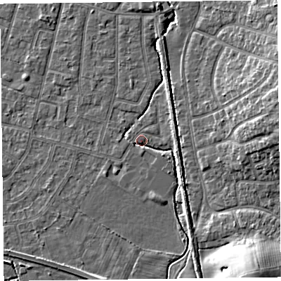 Shaded relief map of the ground around FY55DG, computed from Environment Agency LiDAR. The ground here sits at about 5 m above sea level and falls 13 m across the surrounding 800 m. Surface water reaching this point runs off ground lying to the south-east, 2.1 m higher.