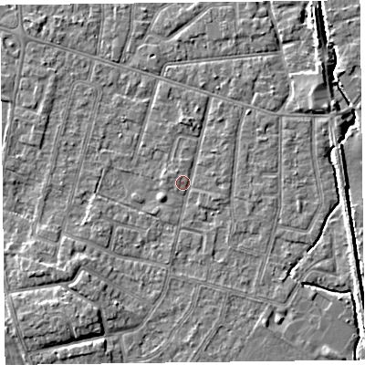 Shaded relief map of the ground around FY55DH, computed from Environment Agency LiDAR. The ground here sits at about 5 m above sea level and falls 5 m across the surrounding 800 m. Surface water reaching this point runs off ground lying to the south-west, 1.2 m higher.