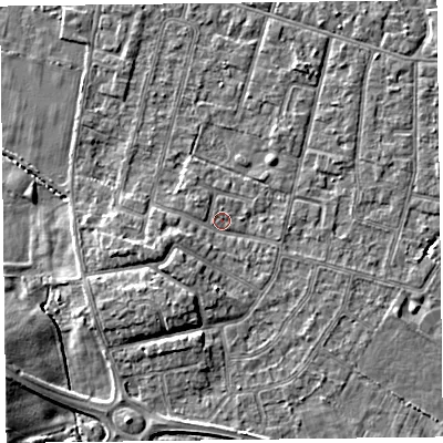 Shaded relief map of the ground around FY55DP, computed from Environment Agency LiDAR. The ground here sits at about 5 m above sea level and falls 9 m across the surrounding 800 m. Surface water reaching this point runs off ground lying to the south-south-west, 3.1 m higher.