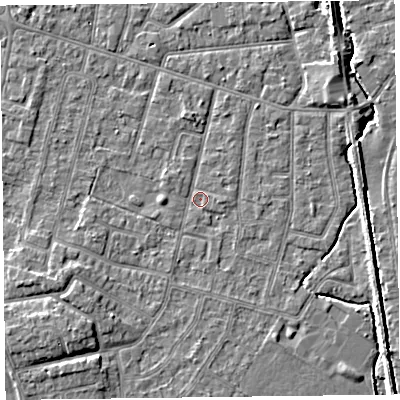 Shaded relief map of the ground around FY55DQ, computed from Environment Agency LiDAR. The ground here sits at about 5 m above sea level and falls 5 m across the surrounding 800 m. Surface water reaching this point runs off ground lying to the west, 1.2 m higher.