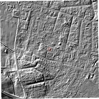 Shaded relief map of the ground around FY55DR, computed from Environment Agency LiDAR. The ground here sits at about 5 m above sea level and falls 6 m across the surrounding 800 m. Surface water reaching this point runs off ground lying to the west-south-west, 0.9 m higher.