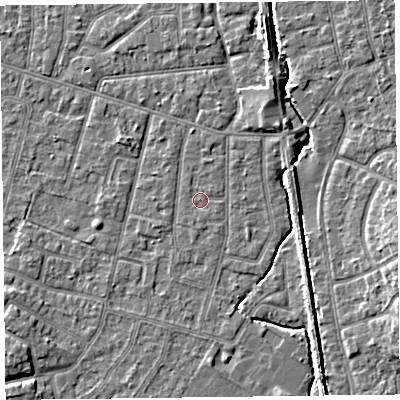 Shaded relief map of the ground around FY55DS, computed from Environment Agency LiDAR. The ground here sits at about 5 m above sea level and falls 5 m across the surrounding 800 m. Surface water reaching this point runs off ground lying to the north, 0.6 m higher.