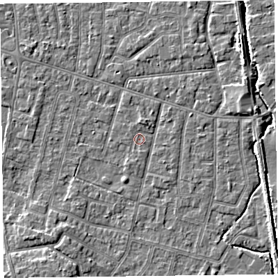 Shaded relief map of the ground around FY55DT, computed from Environment Agency LiDAR. The ground here sits at about 5 m above sea level and falls 5 m across the surrounding 800 m. Surface water reaching this point runs off ground lying to the north, 1.4 m higher.